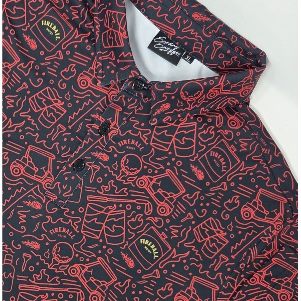 Sunday Swagger Polo Shirt Mens XL Red Black Fireball Whiskey Alcohol Golf EUC